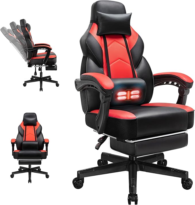 Gaming Chairs for Adults Computer Chair with Footrest High Back Big and Tall Gamer Chair‘s with Massage Lumbar Support 360° Swivel Height Adjustable Computer Chaires Dark Red