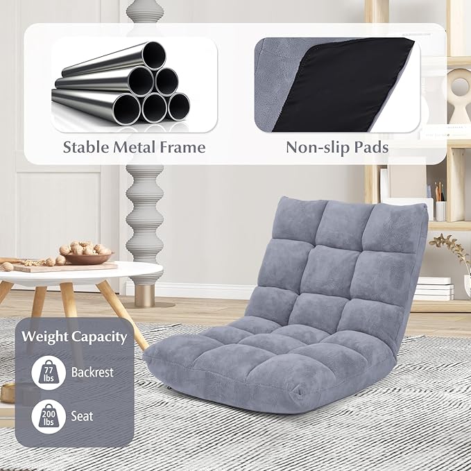 14-Position Floor Sofa Folding Gaming Sofa Chair Comfy Cushions &amp Study Steel Frame Angle Adjustable Sleeper Bed Couch Recliner (Grey)