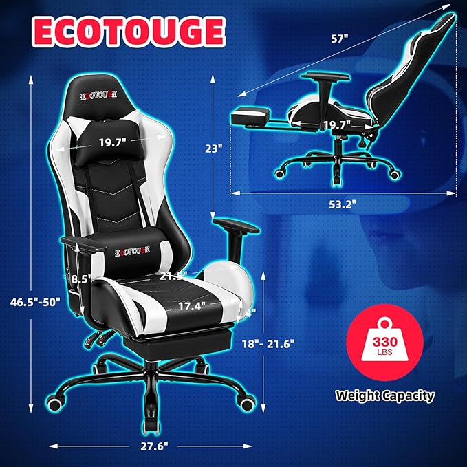 ECOTOUGE PC Massage Gaming Chair with Footrest Ergonomic Office Desk Chair Racing PU Leather Recliner Swivel Rocker with Headrest and Lumbar PillowWhite