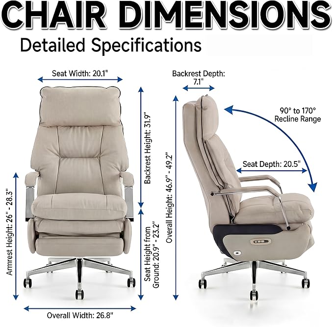 Dual Motor Executive Reclining Office Chair with Footrest – One-Click Electric Recline Massage Lumbar Support &amp Pillow Big and Tall PU Leather Ergonomic Desk Chair for Home Office/Gaming(White)