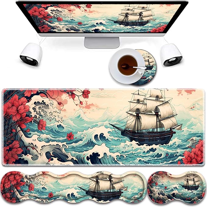Mouse Pad Combo Large Gaming Mouse Pad + Keyboard Wrist Support + Mouse Wrist Rest + Coaster Table Pad 31.5 x 11.8 with Memory Foam Ergonomic Wrist Pad Set Pirate Ship Landscape Pattern