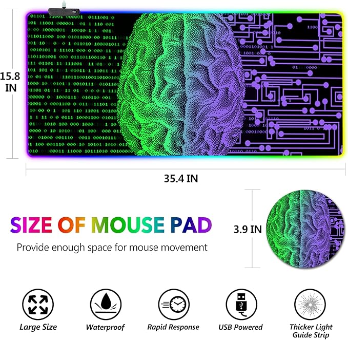 AIMSA Large Gaming Mouse Pad RGB Keyboard Led Mousepad Extended 35.4 x 15.8 inch Non-Slip Rubber Base with 14 Lighting Modes Big Desk Mat Waterproof Technology Brain