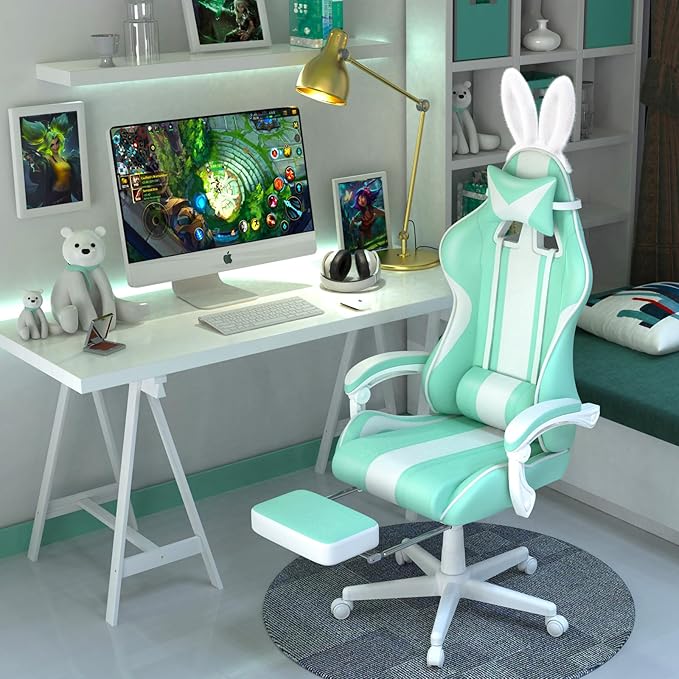 Ferghana Kawaii Light Green Gaming Chair with Bunny Ears Ergonomic Cute Gamer Chair with Footrest and Massage Racing Reclining Leather Computer Game Chair 250lbs for Girls Adults Teens Kids