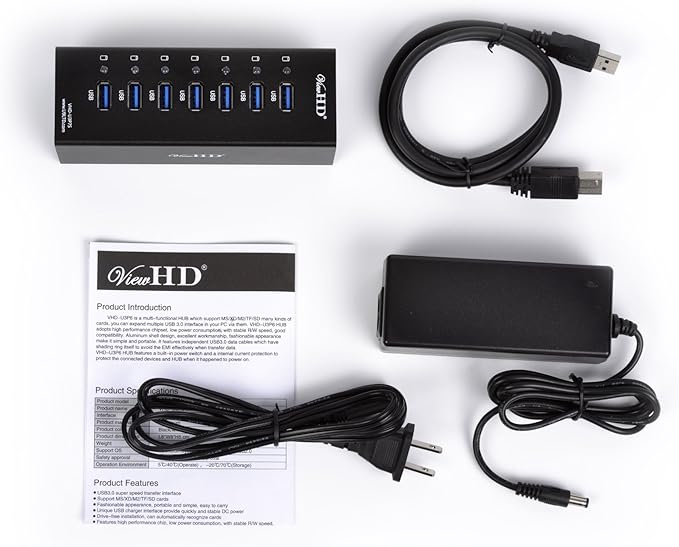 ViewHD Professional Premium Quality USB 3.0 7-Port Hub with On/Off Power Switch + 12V Power Adapter + USB Cable in Full Metal Case (Black) | Model: VHD-U3P7B