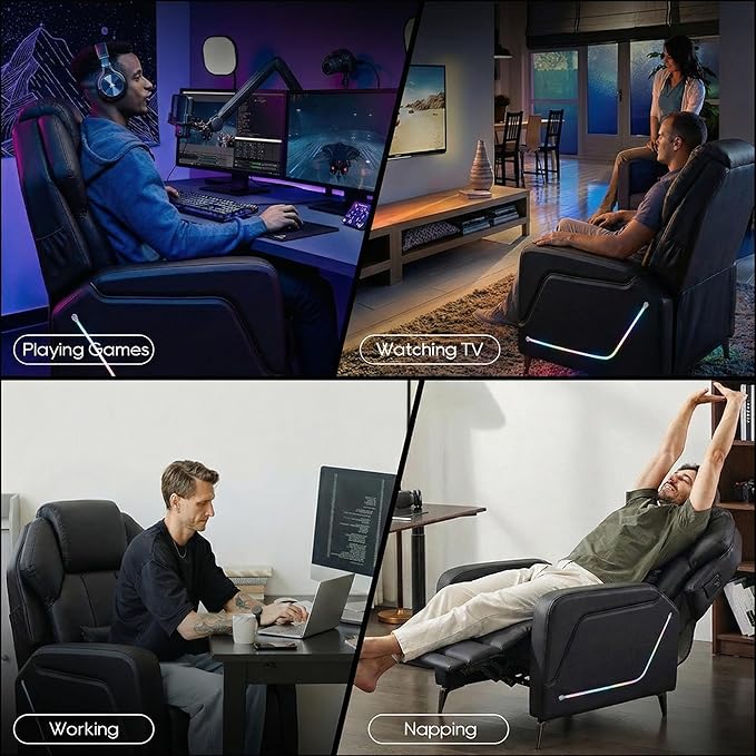 TUNYI Gaming Recliner Chair Racing Style Push-Back Reclining Sofa with Colorful LED Ergonomic Home Theater Seating Video Game Sofa for Gaming Room Living Room (Black)
