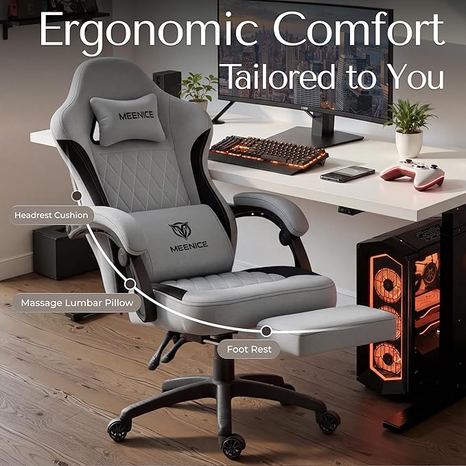 Gaming Chair Fabric with Pocket Spring Custion Ergonomic High Back Video Game Chair with Footrest Massage Lumbar Support Height Adjustable Comfy Computer Chair for Adults Game Office Gray