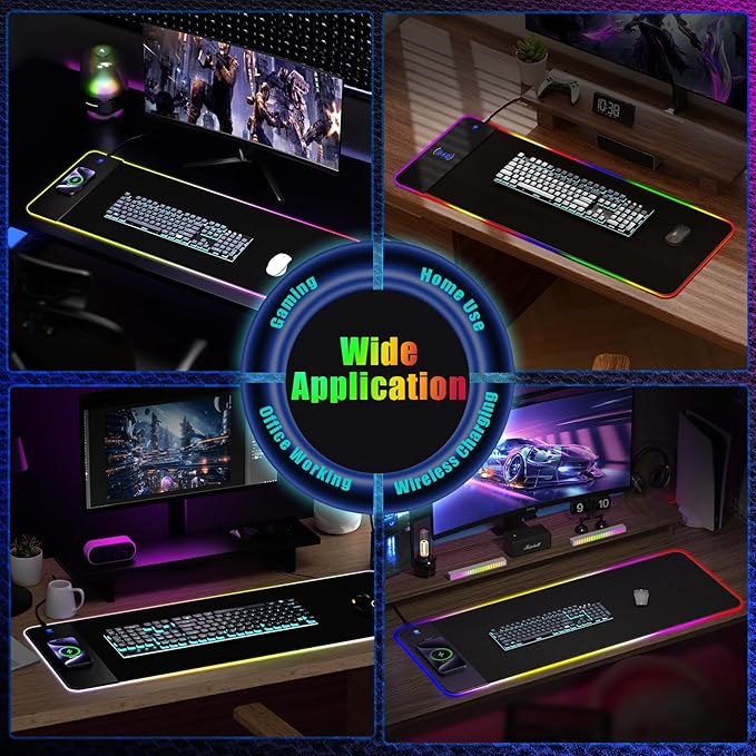 RGB Gaming Mouse Pad With 15W Wireless Charging Extra Large LED Mousepad 14 Light Modes XXL Size Ergonomic Computer Pad Non-Slip Rubber Base for Laptop Gifts for Gamer/Men