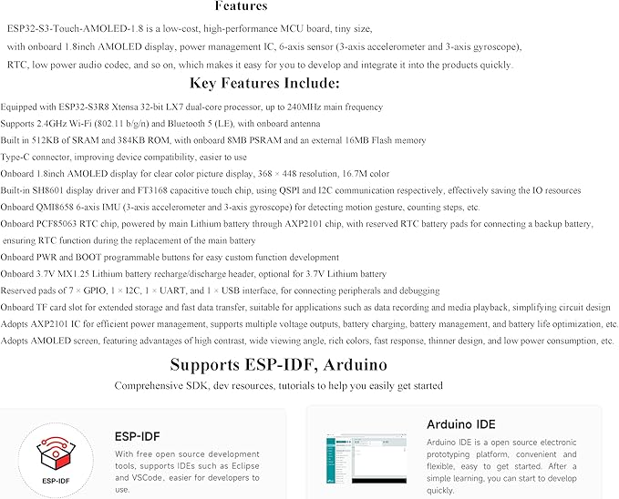 ESP32-S3 1.8inch AMOLED Touch Display Development Board 32-bit LX7 Dual-Core Processor 368×448 Pixels Onboard Audio Codec Support Offline Speech Recognition and AI Speech Interaction
