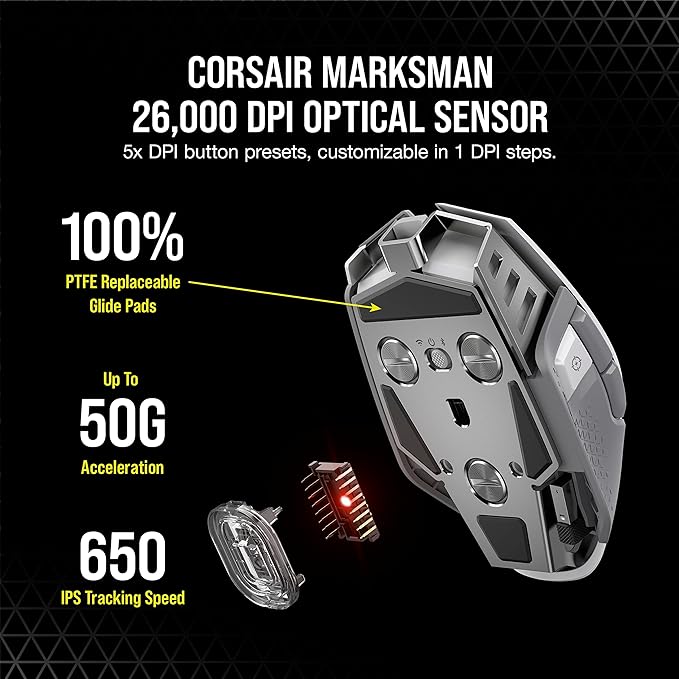 Corsair M65 RGB Ultra Wireless Tunable FPS Wireless Gaming Mouse - Sub-1ms Slipstream Wireless Technology 26000 DPI Optical Sensor Up to 120 Hours of Battery Life 8 Programmable Buttons - White
