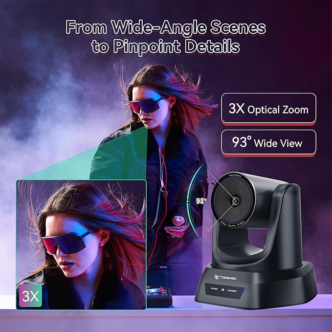 TONGVEO 4K Conference Room PTZ Camera AI Auto Tracking 3X Optical Zoom HDMI/USB3.0 Wide-Angle Video Conference Camera for Church Worship Live Streaming Meeting with Zoom YouTube OBS and More