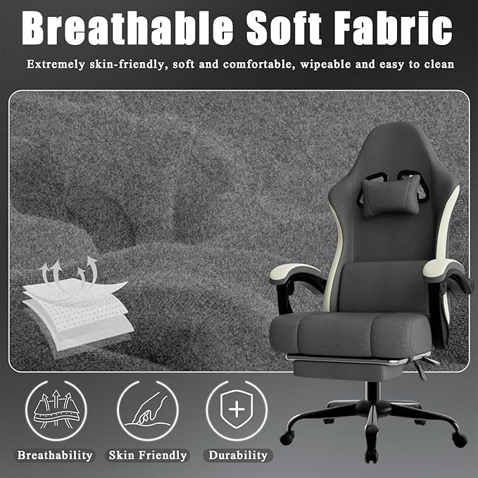 Ergonomic Gaming Chair with Pocketed Spring Cushion Breathable Fabric Computer Chair with Footrest Adjustable Lumbar Support Video Game Chair for Adults (Fabric Grey)