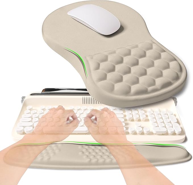 2-in-1 Ergonomic Set Wave Rise Keyboard Wrist Rest and Massage Bulge Slope Mouse Pad Wrist Support Cushion Memory Foam Integrated to Relieve Wrist Pain Apricot