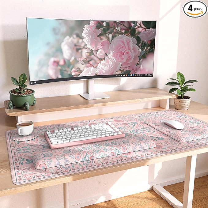 iLeadon Desk Matt for Desktop Non Slip Base Ergonomic Mouse Pad with Wrist Rest Wrist Pad for Keyboard Gaming Mouse Pad Large Anti-Fatigue Desk Mat with Wrist Support (Pink)