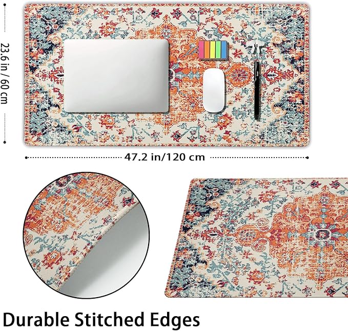 Orange Teal Boho Gaming Mouse Pad Extended 3XL Rug Carpet Bohemian Retro Large Desk Mat Big Mousepad Non-Slip Rubber Base Stitched Edge Long Desk Pad for Desktop Office PC Gamer47.2x23.6 in120x60cm
