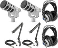 Rode PodMic Cardioid Dynamic Broadcast Microphone (White Pair) with 2X Rode PSA1 Broadcast Microphone Boom Arms 2X Cans50 Professional Studio Headphones and 2X XLR Cables