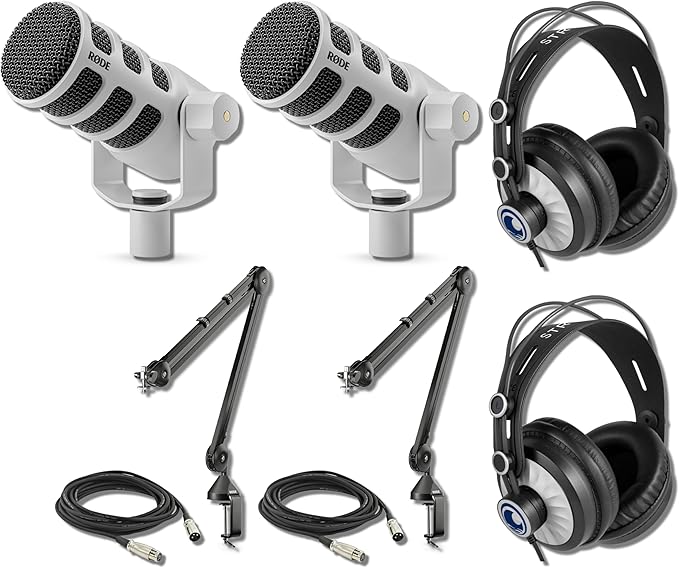 Rode PodMic Cardioid Dynamic Broadcast Microphone (White Pair) with 2X Rode PSA1 Broadcast Microphone Boom Arms 2X Cans50 Professional Studio Headphones and 2X XLR Cables