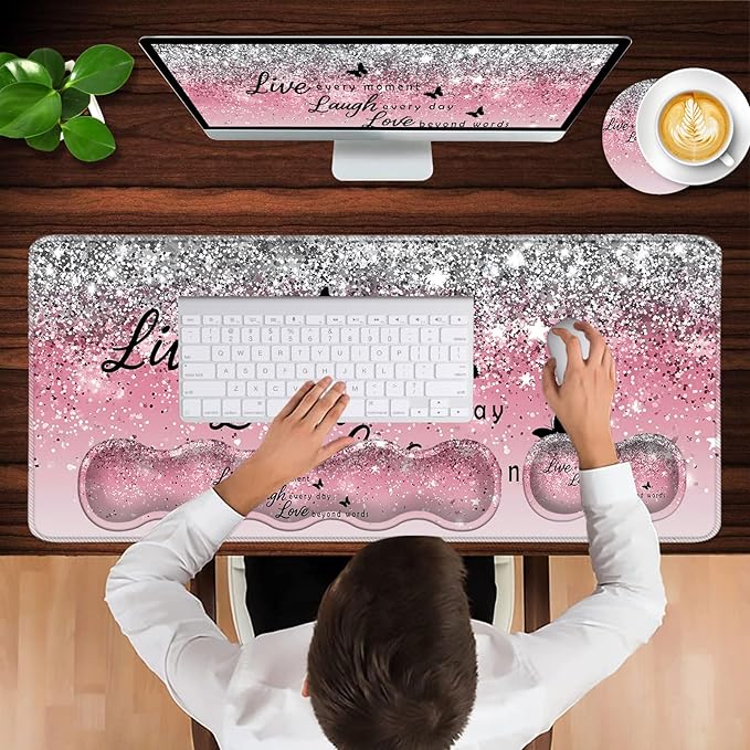 Keyboard Wrist Rest and Mouse Pad with Wrist Support Set Ergonomic CoasterMemory FoamEasy Typing Pain ReliefLarge XL Desk Mat 31.5x 11.8Pink Glitter Quote Live Love Laugh