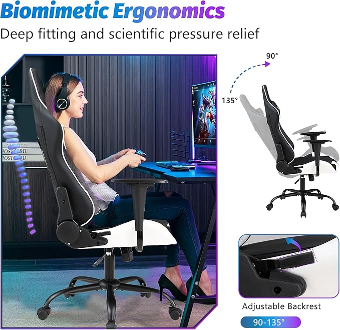 PayLessHere Gaming Chair Desk Chair Ergonomic High Back Computer Chair with Adjustable Lumbar Support Armrests and Racing-Inspired Design for Office and Home Use (White)