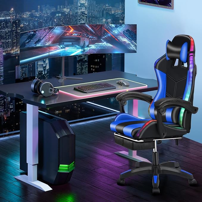 Gaming Chair with Bluetooth Speakers LED Light Adjustable Height Retractable Footrest &amp Massage Lumbar Support - Ergonomic Office Computer Chair for Adults Gamers Internet Cafe Home Blue