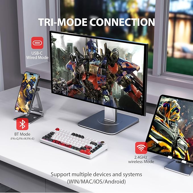 Transformers GK03 Mechanical Keyboard WirelessRGB Creamy Gaming Keyboard Wireless BT5.0/USB-C/2.4GHzCustom Hi-Fi Linear SwitchHot-Swap Socket/Knob Control Computer Keyboards (Optimus Prime White)