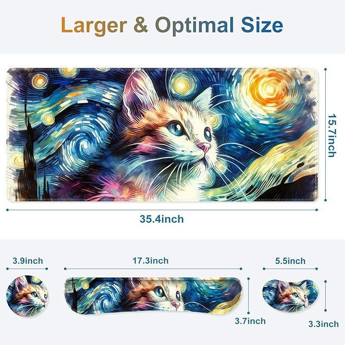 Large Gaming Mouse Pad Set 4 in 1 Ergonomics Keyboard Desk Mat Memory Foam Wrist Rest Computer PC Extended Game Mousepad Non-Slip Desk Matt Easy Typing Pain Relief I Starry Night Art Cat