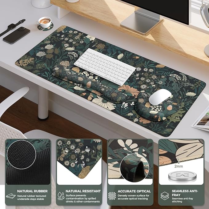 iCasso Desk Cover Mat 4in1 Floral Large Mouse Pad with Wrist Rest Desk Matt for Desktop Anti-Slip XXL Big Computer Ergonomic Mousepad with Wrist Support for Keyboard and Mouse (Weeds)