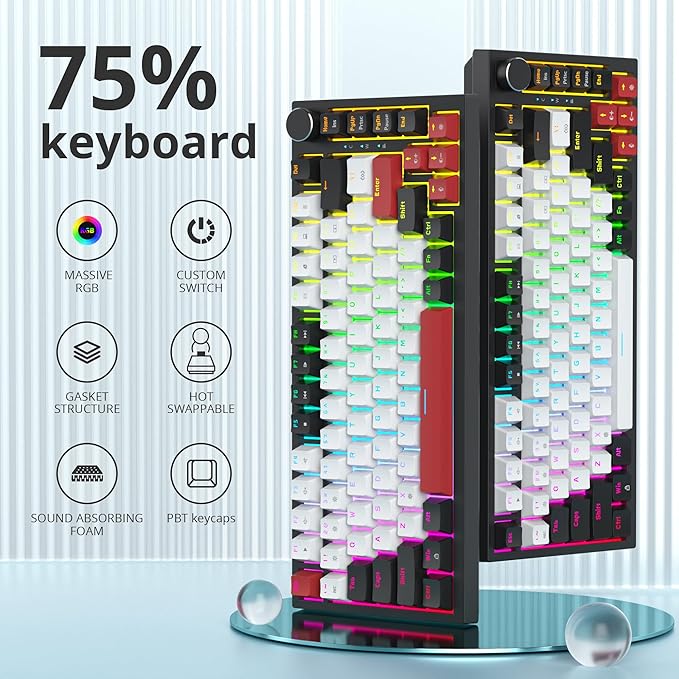 Guffercty kred 75% Percent Mechanical Keyboard with Knob Gasket Mouted Wired TKL Gaming Keyboard 75 Percent Hot Swappable Programmable for Windows Laptop PC Gamer（82 White）