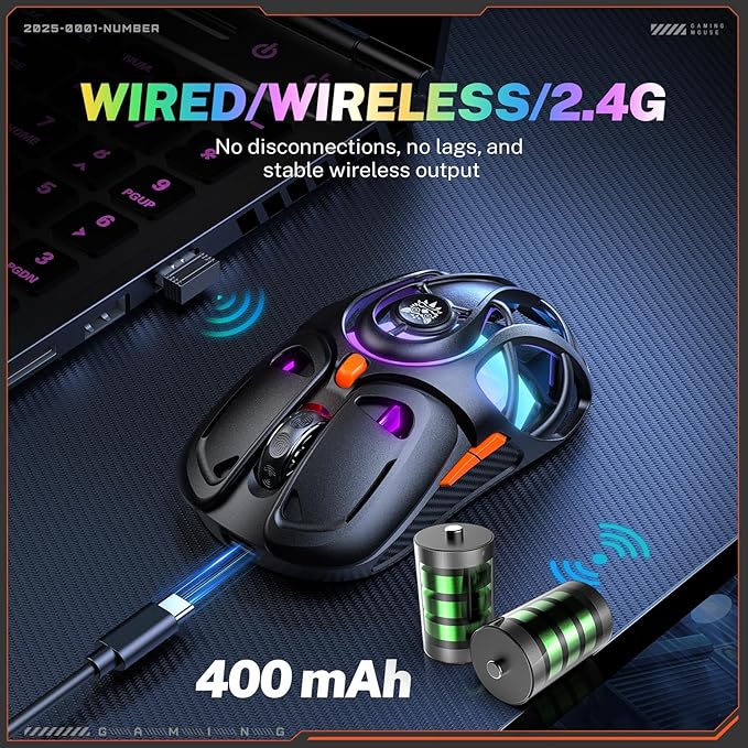 Wireless Gaming Mouse Tri-Mode 2.4G/Bluetooth/USB-C 12800 DPI 6 RGB Backlit 73g Ultra-Light Computer Mice 2000Hz Polling Rate 400mAh Rechargeable for PC/Mac/Laptop (Black)