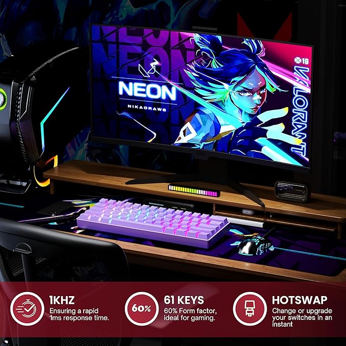 Mechanical Gaming Keyboard - 61 Keys Multi Color RGB Illuminated LED Backlit Wired Programmable for PC/Mac Gamer (Gateron Optical Brown Lavender)