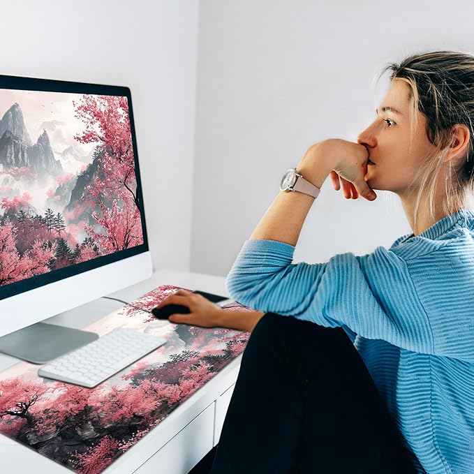 Warm Desk PadHeated Desk PadOffice Mat3 Heating Levels &amp 3 Hours Auto Shut-Off31.5*13 Gaming Mouse Laptop Keyboard Leather Desk MatWatercolor Tree Mountain