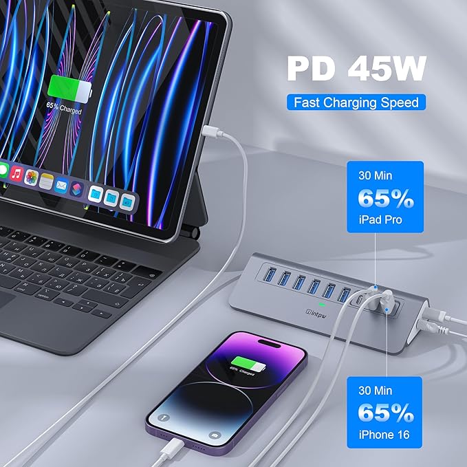 Powered USB Hub 10Gbps intpw YH6AC 9-Port USB Splitter with USB A/USB C 3.2 4 USB 3.0 2 PD 45W Charging Ports 65W Power Adapter + 3.3FT Cable Aluminum USB Extender Hub for Laptop PCiPhone 17/16