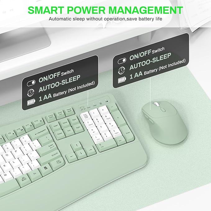 Wireless Keyboard and Mouse Combo2.4G Full Size Wave Keys Ergonomic Keyboard with Wrist Rest for Natural Typing 3 DPI Adjustable Ergonomic Mouse for Computer/Laptop/Windows/Mac (Avocado Green-B)