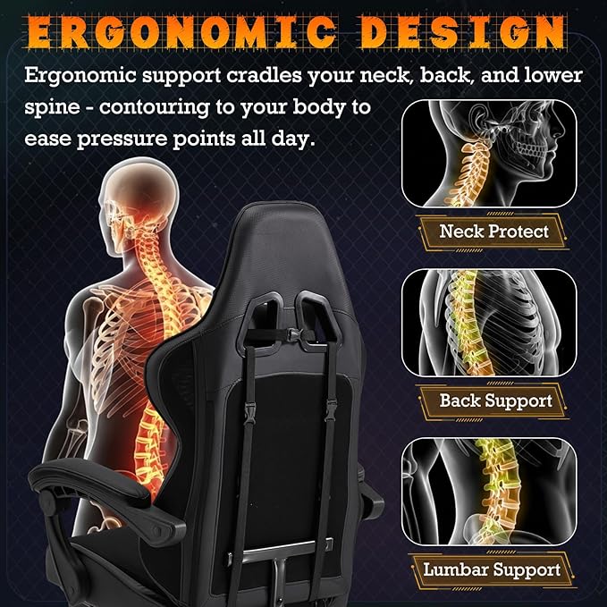 ECOTOUGE Ergonomic Gaming Chair Video Game Chair with Removable Back Cushion Gamer Chair with Massage Lumbar Pillow &amp Footrest Computer Office Gaming Chair with Reclining Backrest Black