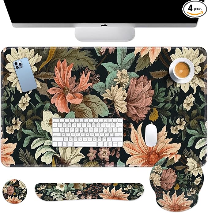 Arttown Spring Flower Desk Mat Leaves Floral Colorful Mouse Pad Set 4 in 1 Ergonomic Design Large Mousepad + Keyboard Wrist Rest + Mouse Wrist Rest + Coaster Suitable for Home Office Study Game