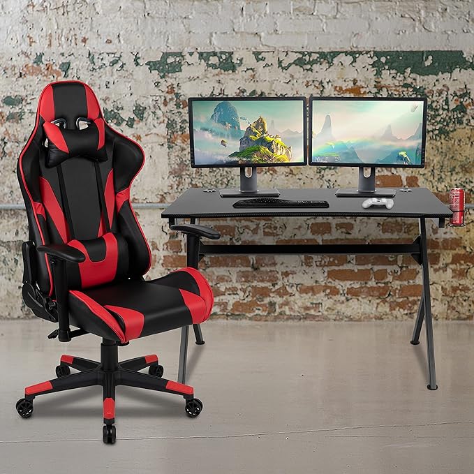 Flash Furniture Black Gaming Desk and Red/Black Reclining Gaming Chair Set with Cup Holder Headphone Hook &amp 2 Wire Management Holes