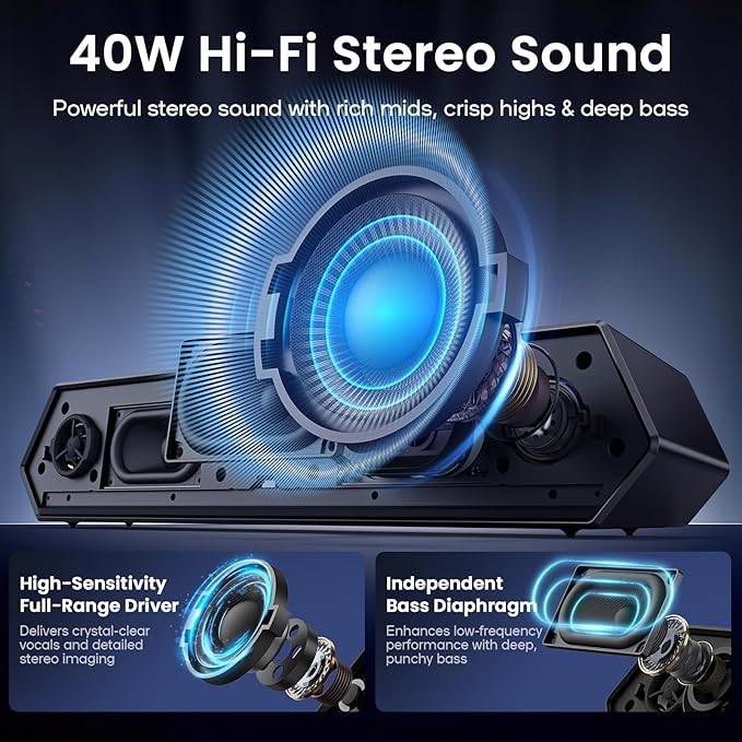 Deeyaple Computer Speakers 40W PC Speakers for Desktop Monitor with Bluetooth 5.3 &amp USB Audio HiFi Stereo Gaming Soundbar with Custom EQ Software Dynamic RGB Lighting for Laptop PS4 PS5 Blac