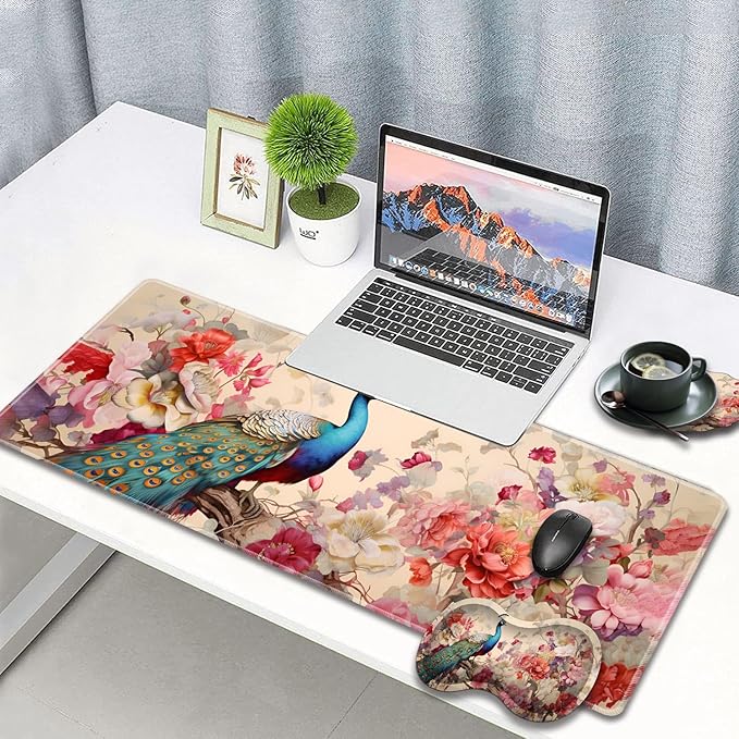 Large Gaming Mouse Pad + Wrist Rest + Lace Coaster Non-Slip Set with Sewn Edges and Waterproof Expandable Desktop Pad Suitable for Office/Home Peacock and Flowers