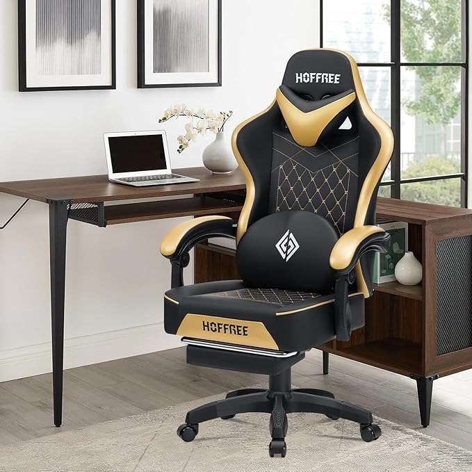 HOFFREE Gaming Chair with Speakers Massage Computer Gaming Chair with Pocket Spring Cushion for Adults Reclining Gamer Chair with Bluetooth Video Game Chairs with Footrest Gold and Black
