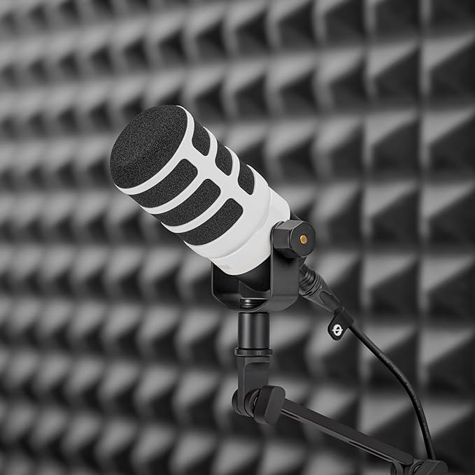 Rode PodMic Dynamic Broadcast Microphone with White PSA1+ Microphone Boom Arm White WS14 Pop Filter and Premium XLR Cable