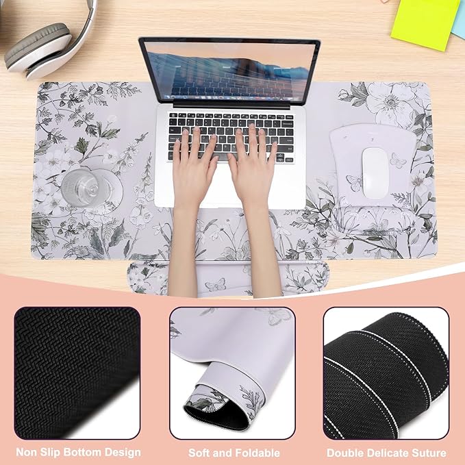 MEGREZ 4-in-1 Ergonomic Memory Foam Wrist Rest Set Desk Pad Mouse Pad with Wrist Rest Keyboard Pad Suitable for Office Workers Programmers &amp Gamers–Relieve Typing &amp Gaming Fatigue Green