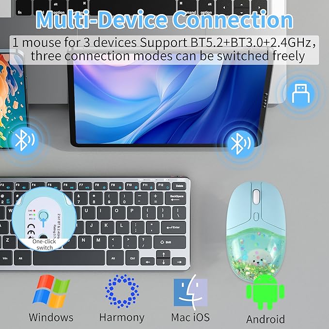 Wireless Mouse with Liquid Quicksand Sequins 2.4GHz &amp Bluetooth Dual Mode Rechargeable Silent Cute Aqua Mouse with LED Light Portable Water Mice for Laptop PC Tablet MacBook Kids Adults Gift (Gree
