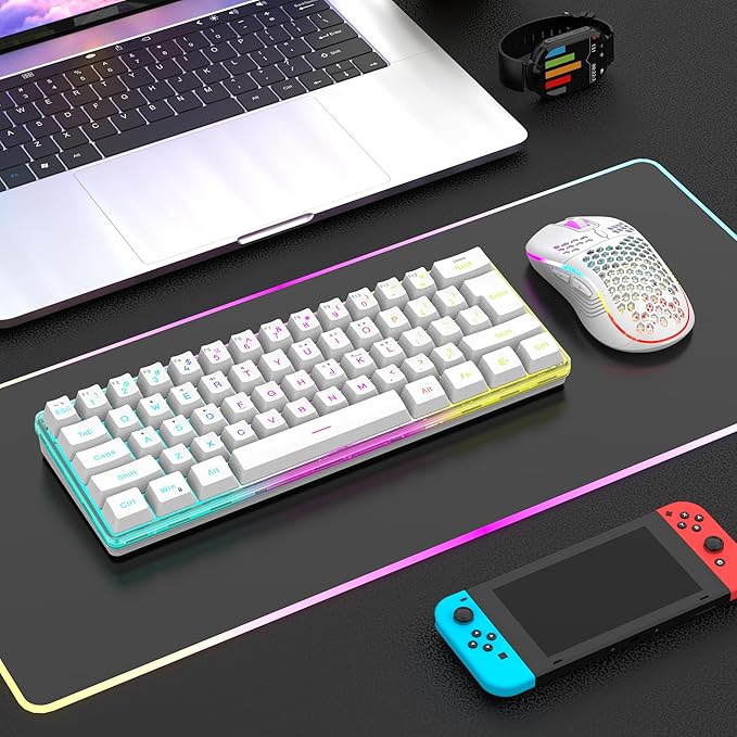 RedThunder 60% Wireless Gaming Keyboard and Mouse Combo 2500mAh Rechargeable Battery Ultra-Compact Small RGB Mechanical Feel Keyboard Lightweight Honeycomb Optical Mouse for Gaming/Business White