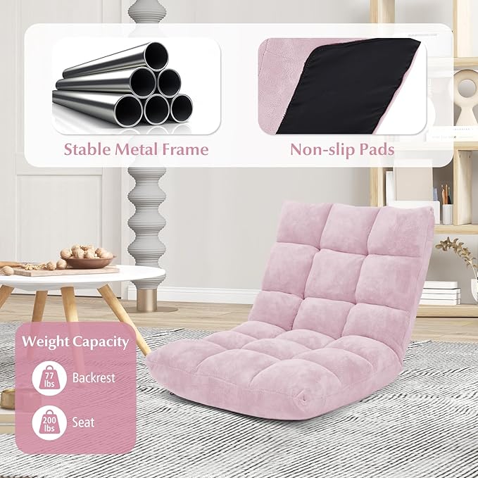 BETTARY Floor Chair with Back Support 14-Position Adjustable Lazy Floor Sofa with Memory Foam Padding Couch Recliner for Adults Folding Sleep Bed for Reading Meditating Gaming (Light Pink)