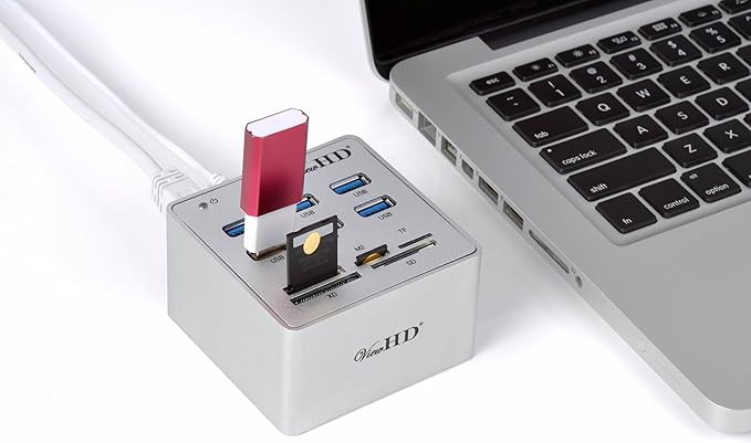ViewHD Premium Quality USB 3.0 6-Port Hub with Card Reader &amp On/Off Switch + 12V 4A Power Adapter + USB Cable in Full Metal Case (Silver) | VHD-U3P6S