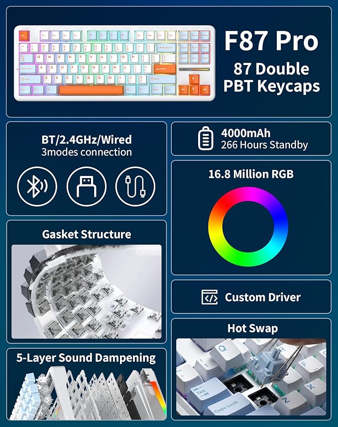 Aula F87 Pro Wireless Mechanical Keyboard 87-Key TKL Tri-Mode (BT5.0/2.4G/USB-C) Hot Swappable Gasket Mount Keyboard 4000mAh Battery RGB Backlit PBT Keycaps Custom Gaming Keyboard for PC Mac
