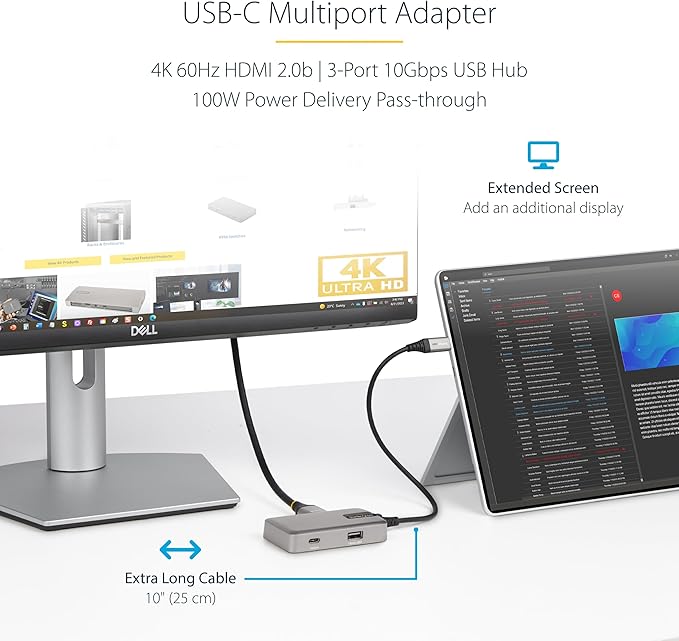 StarTech.com 4-in-1 USB C Hub with Extra Long Cable 4K 60Hz HDMI Alt-Mode 100W Power Delivery 10Gbps Fast Speed Type C Expansion Hub Portable Mini Docking Station for MacBook - TAA