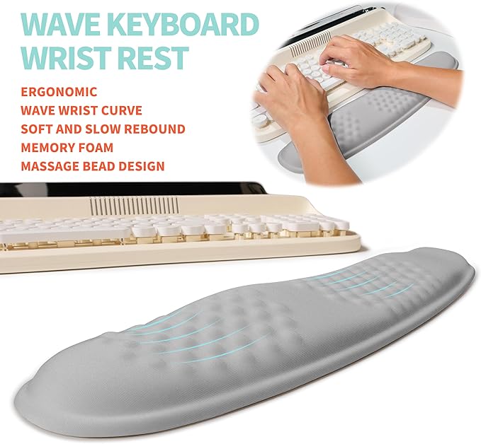 2-in-1 Ergonomic Set Wave Rise Keyboard Wrist Rest and Massage Bulge Slope Mouse Pad Wrist Support Cushion Memory Foam Integrated to Relieve Wrist Pain Silver Gray