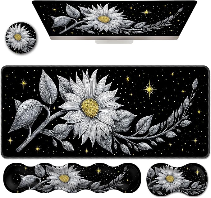 Ergonomic Keyboard Wrist Rest &amp Mouse Pad Wrist Rest SetXL Gaming Desk Mat 31.5x 11.8Non-Slip BaseMemory FoamEasy Typing Pain Relief for Office &amp HomeGlowing Flower
