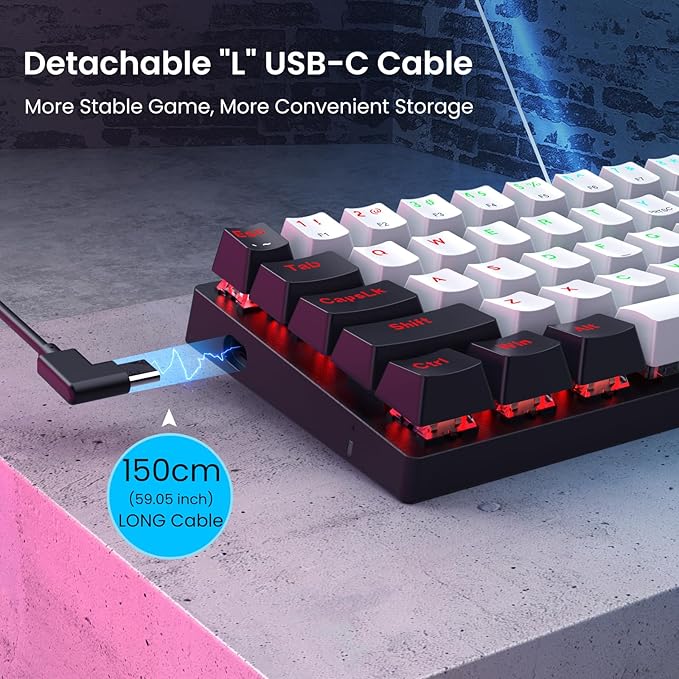 Portable 60% Mechanical Gaming KeyboardWired ErgonomicKeyboard with Red Switches18 LED Backlit Keyboard61 Keys Ultra-Compact Mini OfficeKeyboard for PC/Mac/XboxEasy to Carry On Trip-Black/White