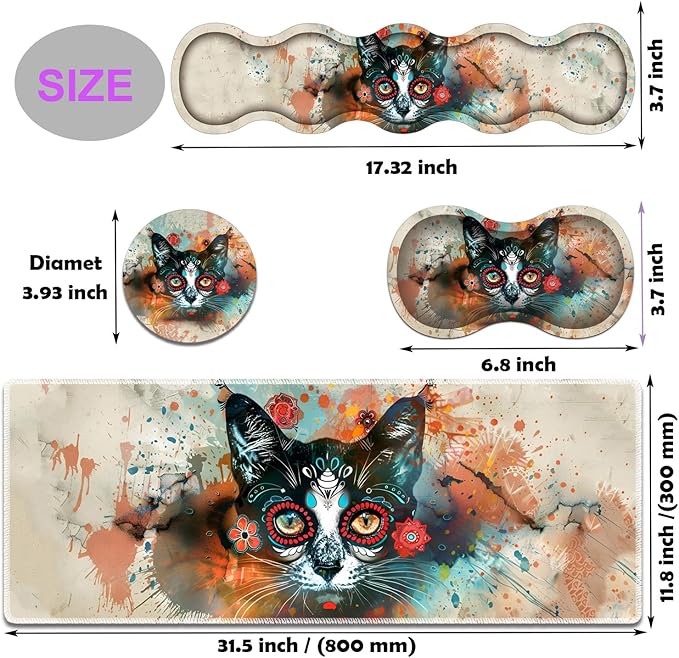 Large Gaming Mouse Pad Keyboard Wrist Rest Pad + Mouse Wrist Pad + Coaster 4 in 1 Set Extended Waterproof Non-Slip Desk Mat Suitable for Office Home Learning Games Artistic Cat Face